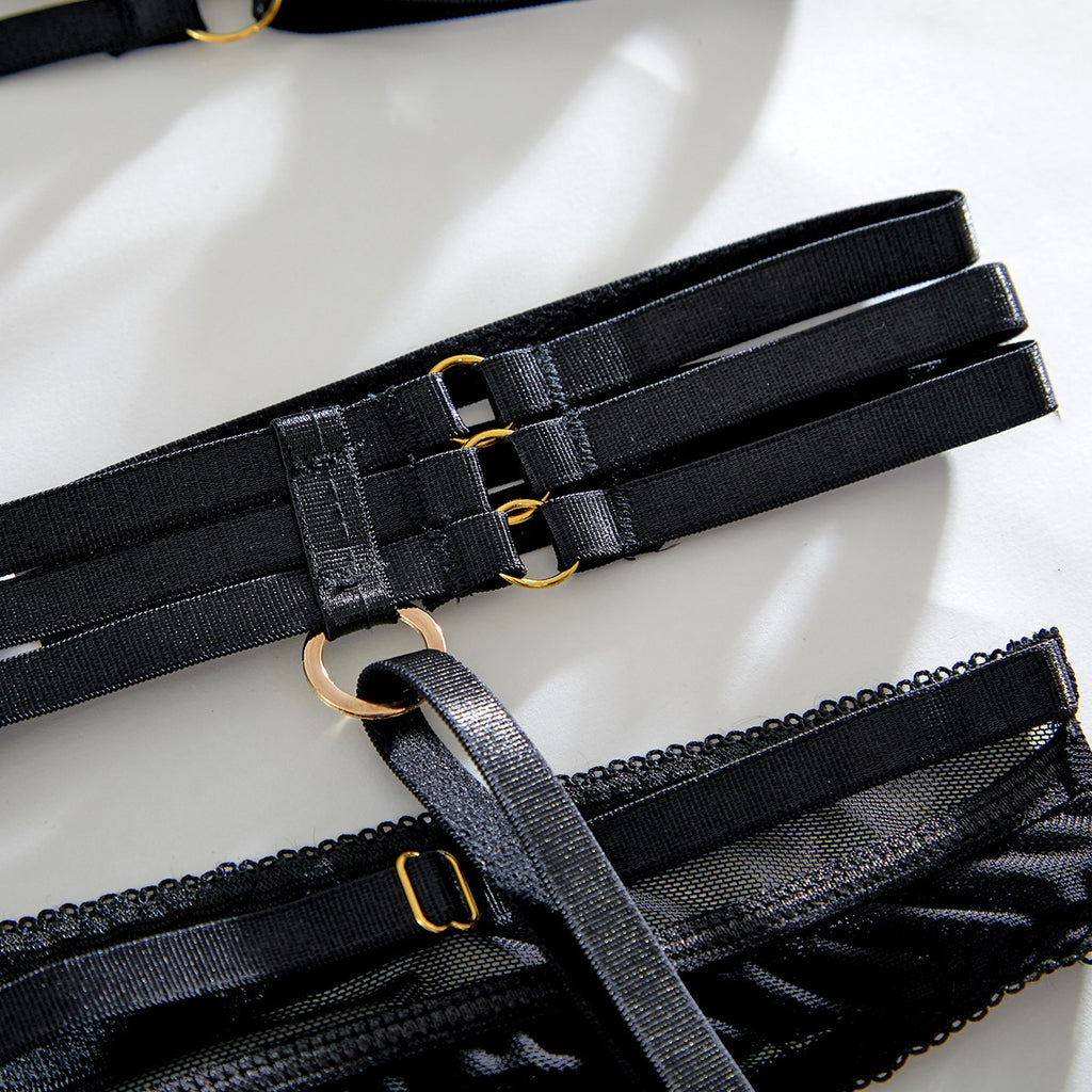 Noir Éclipse Strappy Garter Lingerie Set