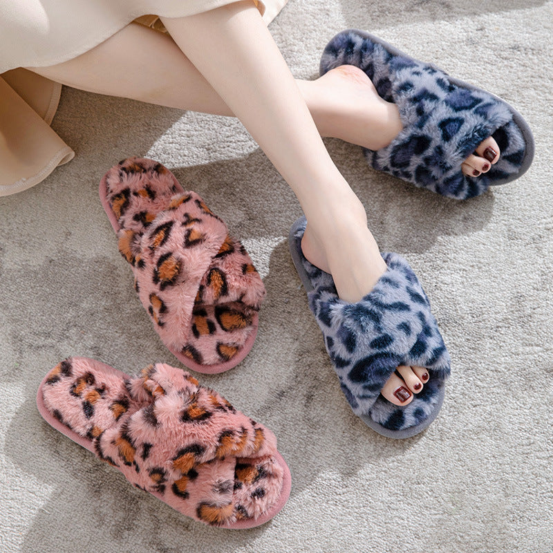 Fluffy Leopard Plush Home Slippers