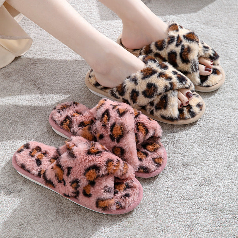 Fluffy Leopard Plush Home Slippers