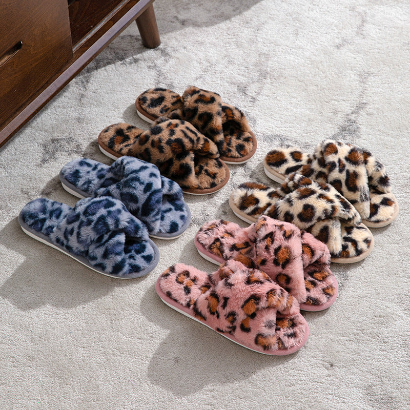 Fluffy Leopard Plush Home Slippers