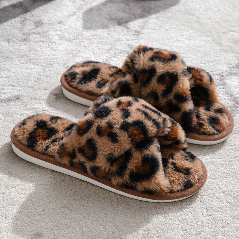 Fluffy Leopard Plush Home Slippers