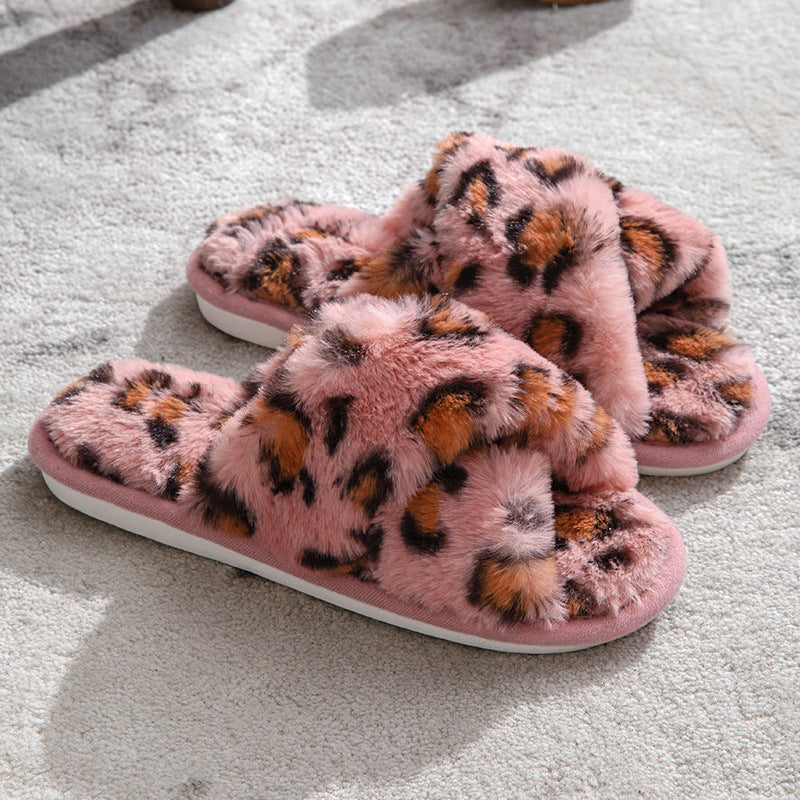 Fluffy Leopard Plush Home Slippers
